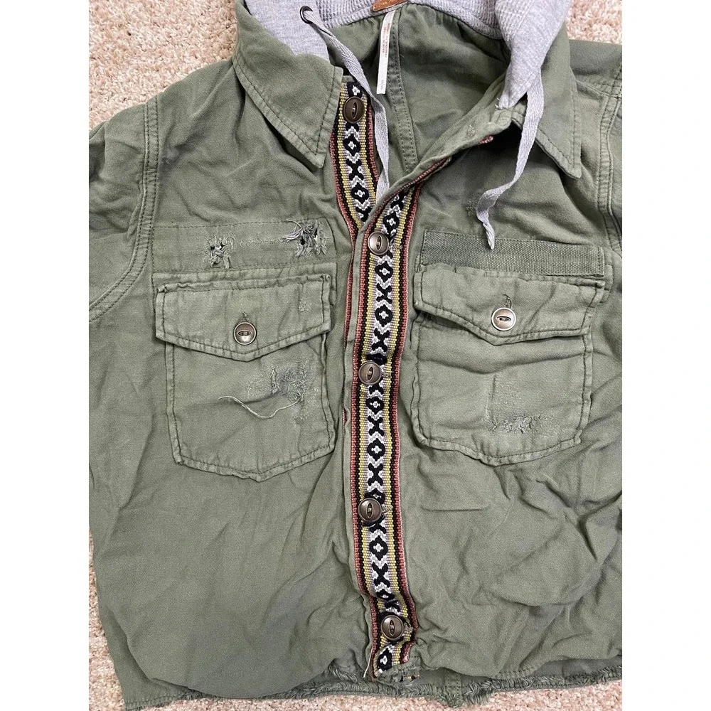 Free People Women's S Olive Utility Hooded Jacket Distressed Cotton Boho